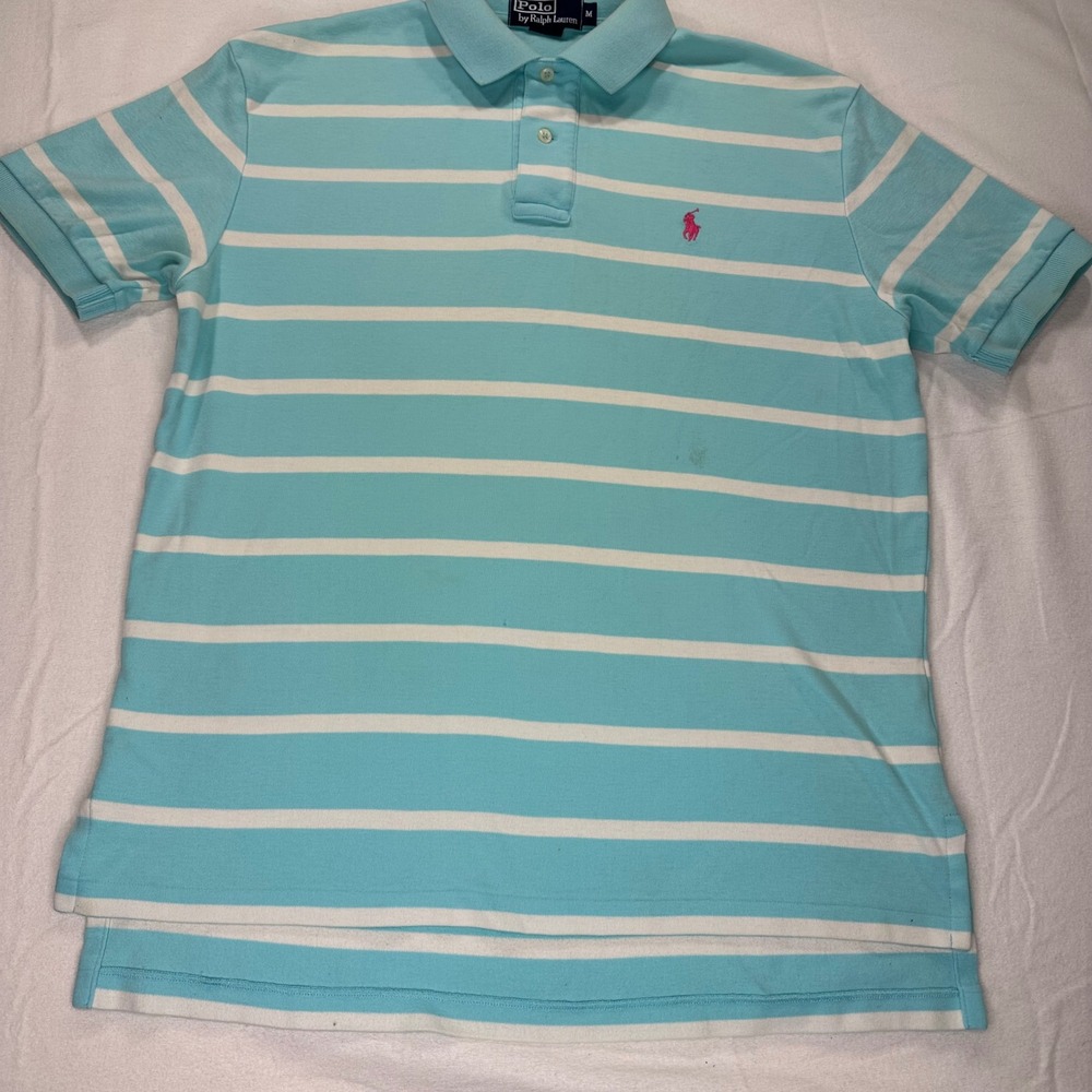 Polo Ralph Lauren Mens Medium Striped Polo Shirt Turquoise White Pink Pony